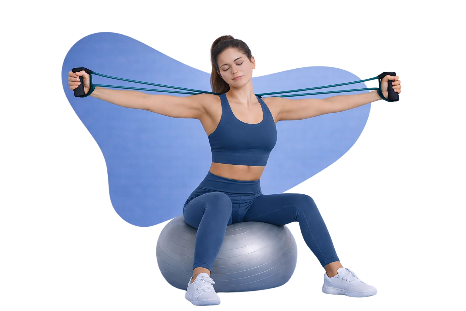Woman using resistance bands while seated on an exercise ball